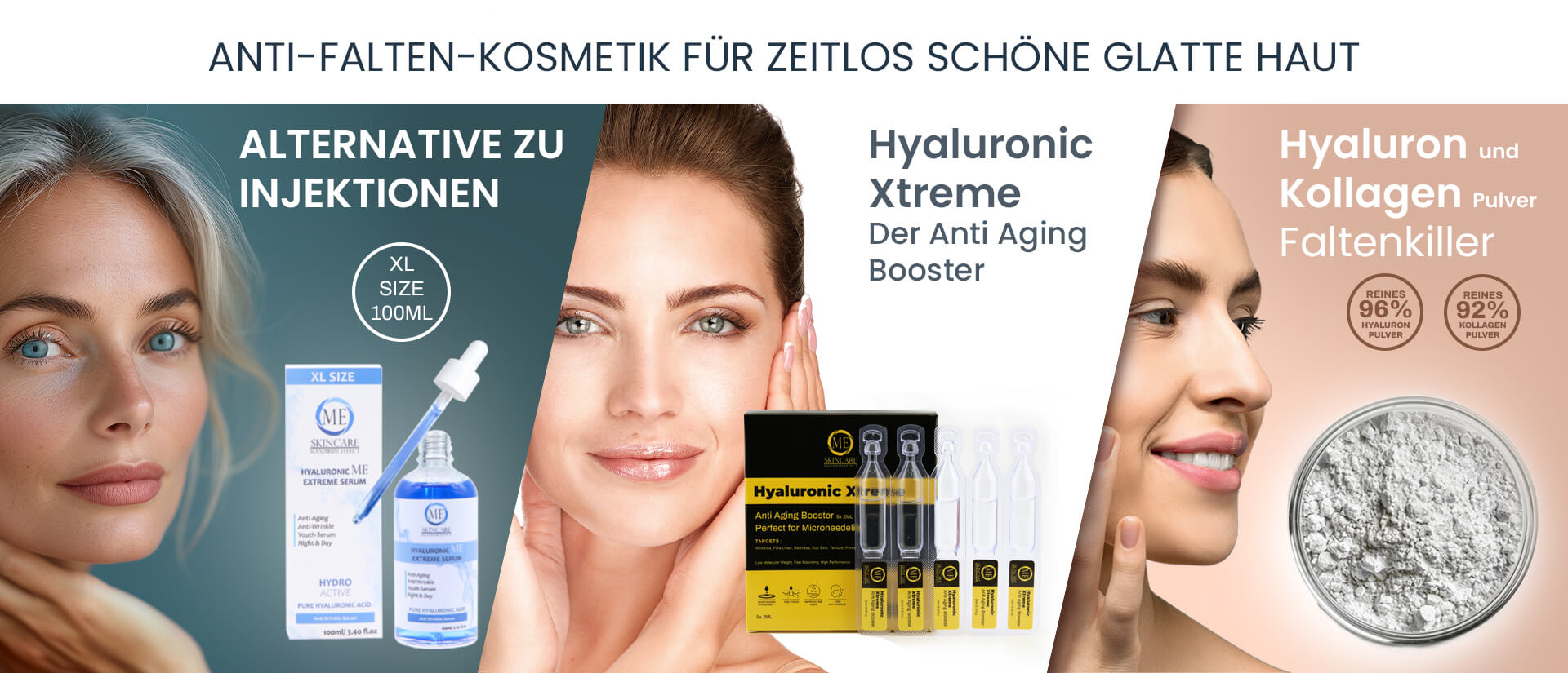 Anti Falten Kosmetik Für Zeitlo Schöne Haut. Alternative zu Injetion Xl size Serum, Hyaluronic Xtreme Anti Aging Booster und Kolagen Pulver